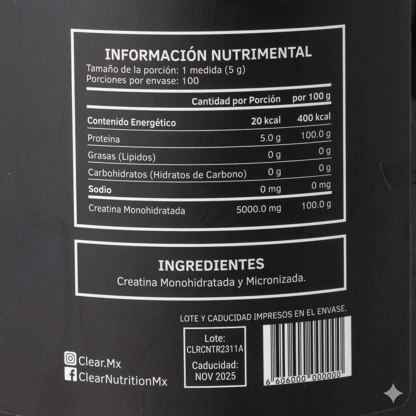 Clear - Creatina Monohidratada - 500 g (100 porciones)