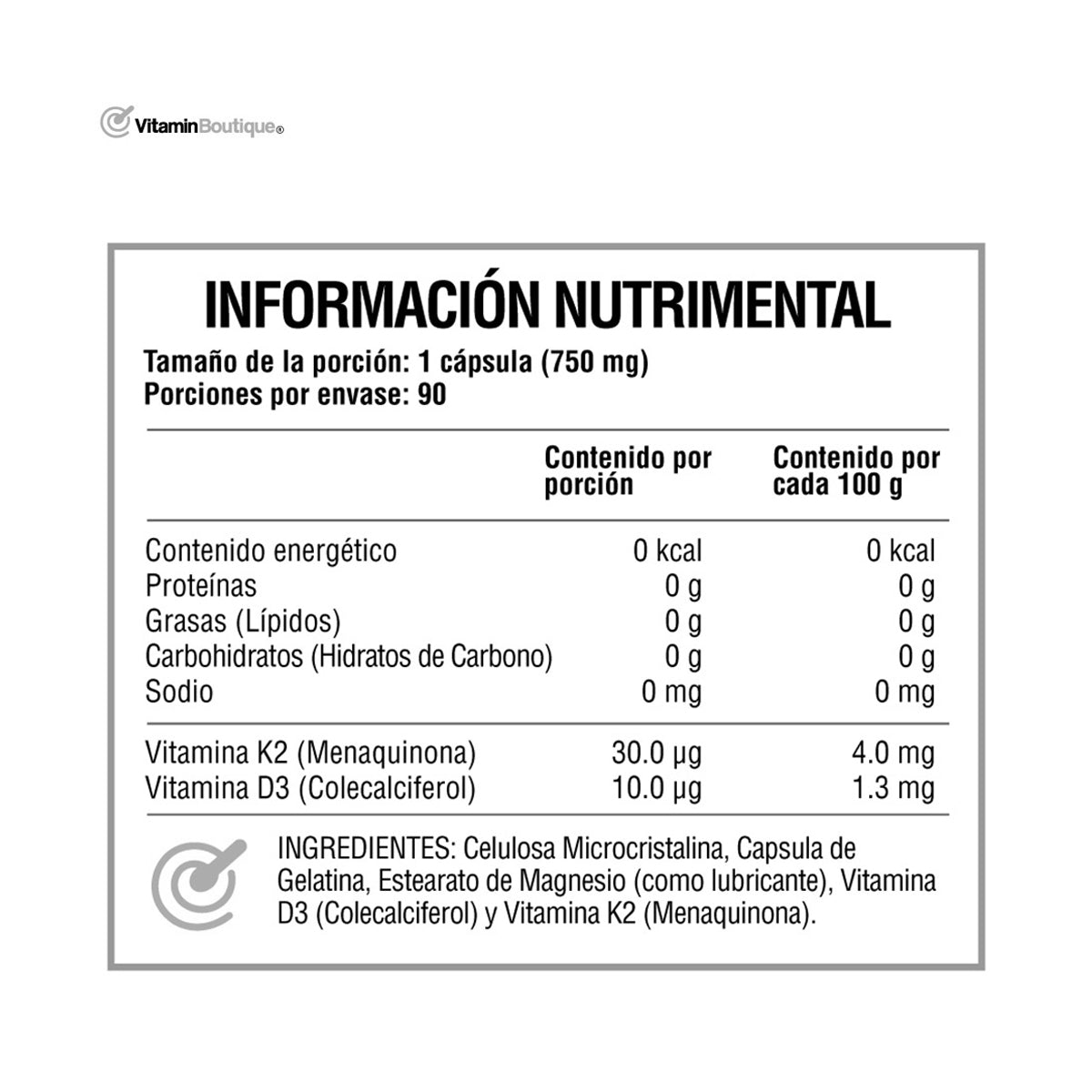 Vitamin Boutique - VITAMINA D3 + K2 - Colecalciferol - 750 mg (90 Cápsulas)