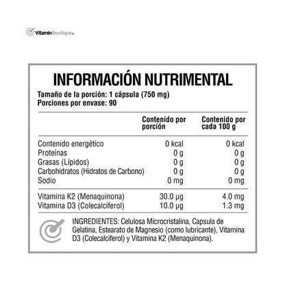 Vitamin Boutique - VITAMINA D3 + K2 - Colecalciferol - 750 mg (90 Cápsulas)
